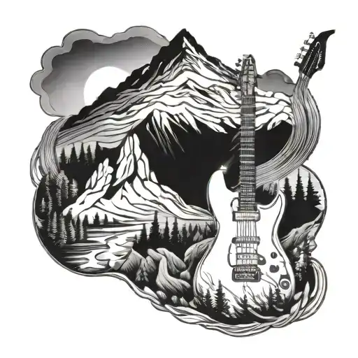 A Tattoo Design Combining An Electric Guitar And A Mountain Landscape