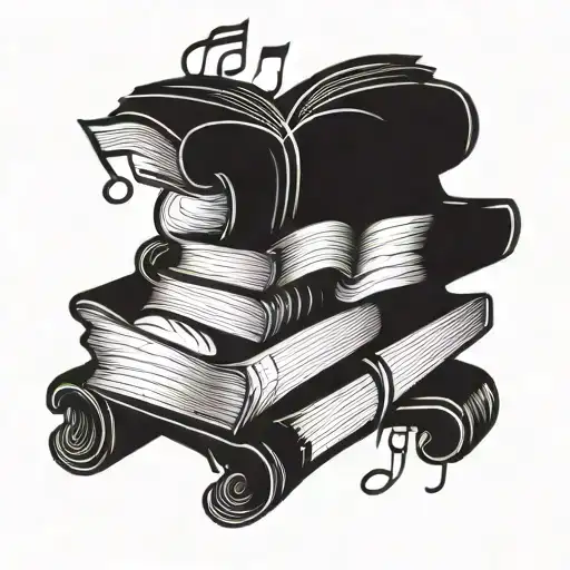 A Blackwork Tattoo Of A Stack Of Books With Music Notes Floating Around Them