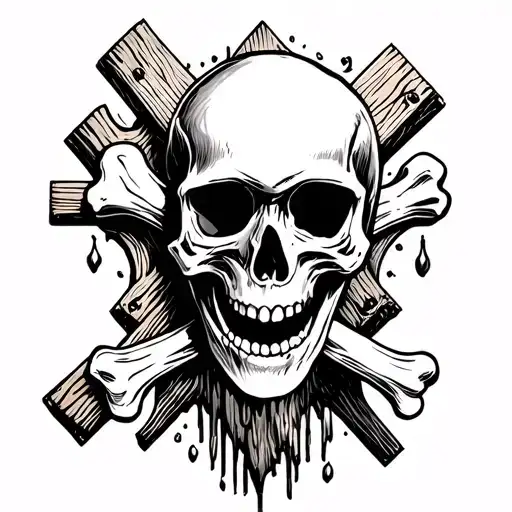 Death Skull With Crossbones Behind And Wooden Cross Behind