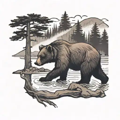 Brown Bear In The Middle Of A River Surrounded By Fir Trees And Fog