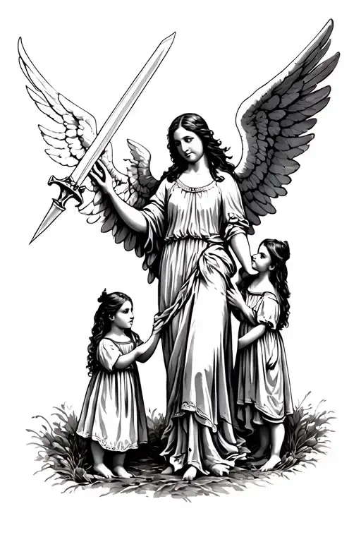 Angel With Sword Standing Over A Mother And Two Little Girls
