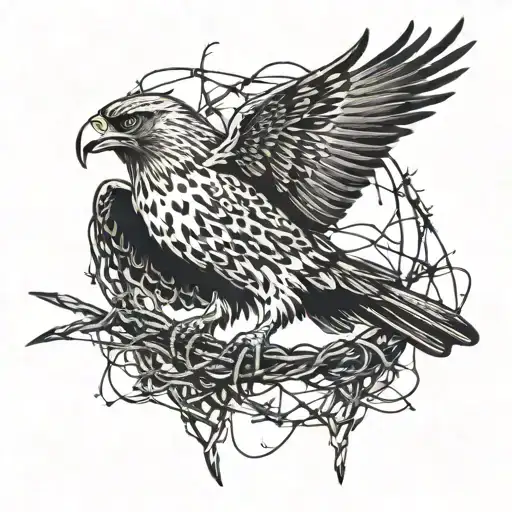 Hawk Flying Up With Barbed Wire Around And A Crow In The Neck Of The Hawk Trying To Get Him Down