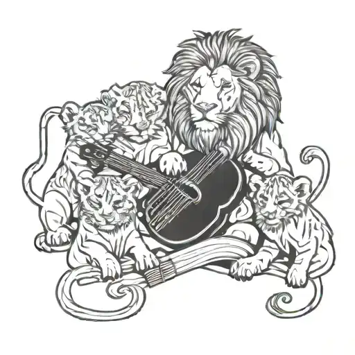 A Lion With 4 Cubs Playing Musical Instruments