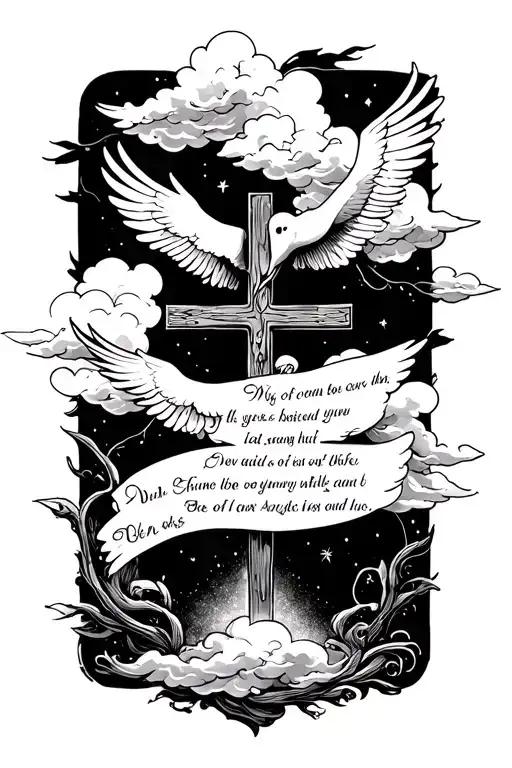 Cross And Clouds With Dove And Bible Verse Written