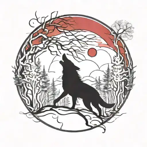 An Intricate Design Of A Wolf Silhouetted Against A Blood Red Moon In A Mysterious Forest Setting