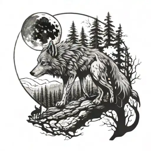 A Surreal Scene Of A Wolf Merging With The Moon In A Dark Forest Setting