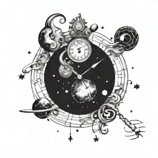 A Cosmic Clock Surrounded By Swirling Galaxies And Planets