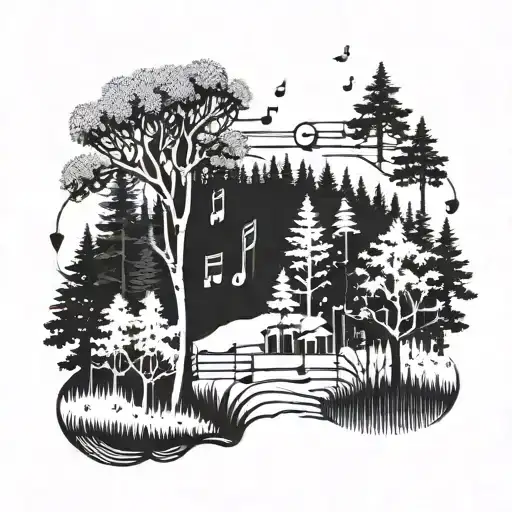 A Serene Forest Landscape With Musical Notes Floating Through The Trees