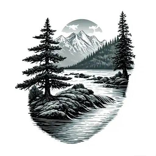 A Majestic Pine Tree Growing Out Of A Flowing River With Mountains In The Background