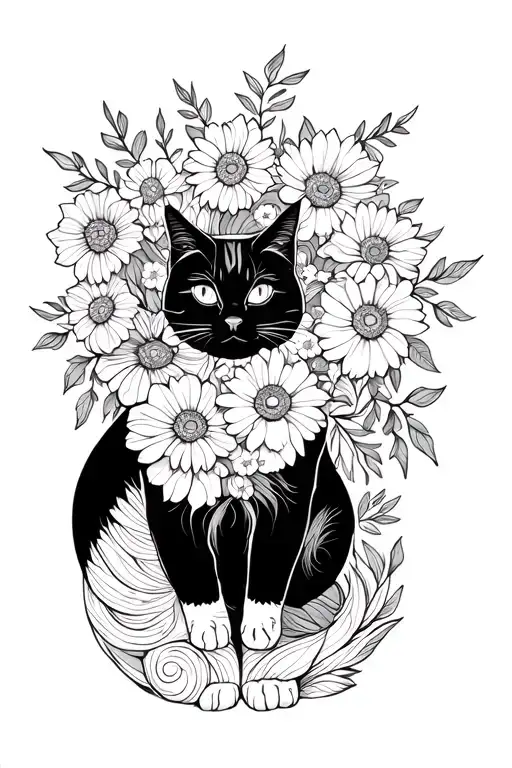 Blackfill Cat With Flowers Intertwined With Its Body And Legs