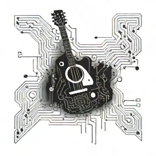 A Circuit Board Design Incorporating Elements Of A Guitar And Coding Symbols