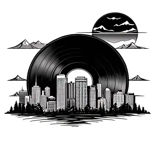 Denver Skyline With A Vinyl Record As The Sun Setting Behind The Mountains