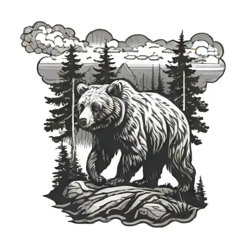 A Majestic Bear Roaming Through A Forest Under A Stormy Sky