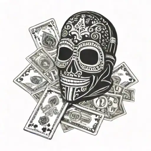 Mexican Gangter Style Ski Mask With Playing Cards And Money In The Background