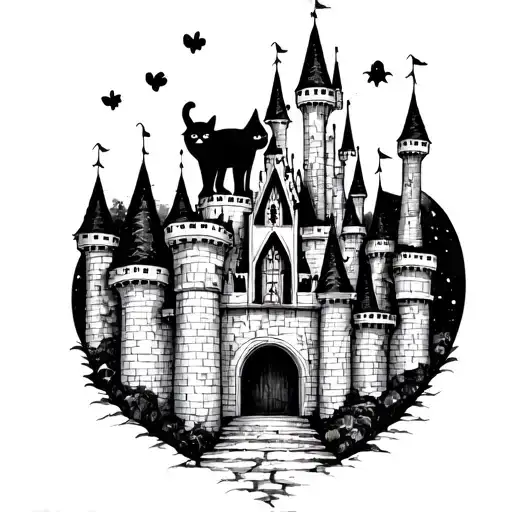 A Whimsical Disney Castle With A Maincoon Cat Perched On Top