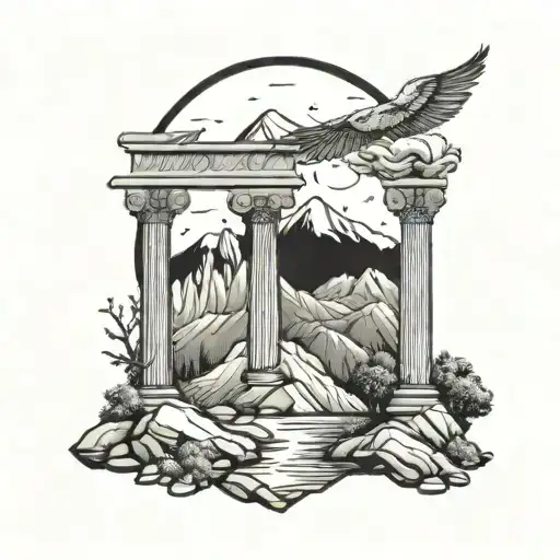 A Majestic Mountain Range With Roman Columns And Travel Symbols Hidden In The Landscape