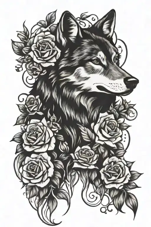 Wolf Blended By Roses And Mayflowers