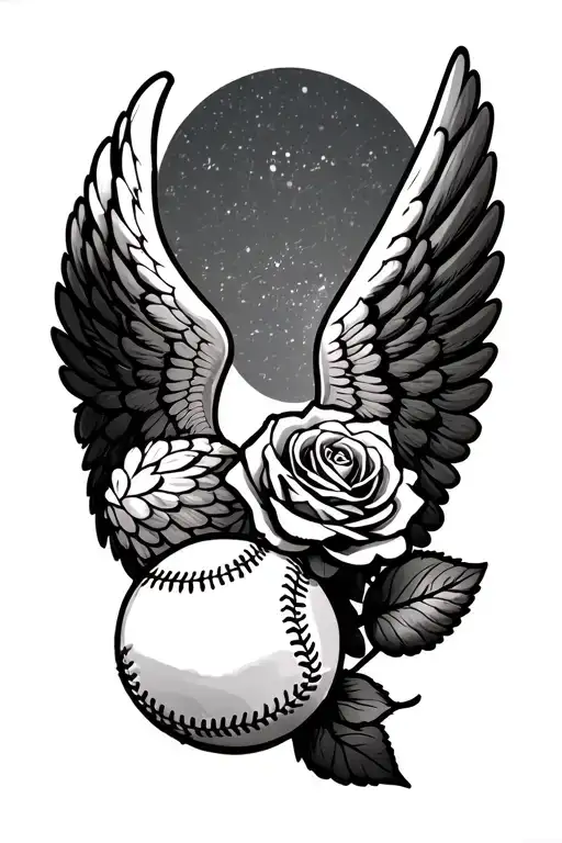 Baseball With Angel Wings And A Rose