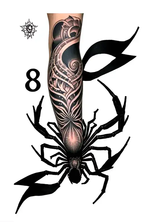Huge Leg Tattoo That Includes The Aspect Of A Spider And The Number 8 Somewhere