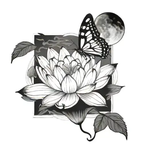 Waterlily With Moth And Moon In The Background