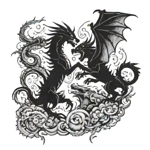 A Blackwork Silhouette Of A Dragon And A Wolf In A Fierce Battle Scene