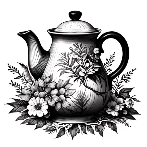 A Blackwork Tattoo Of A Ceramic Teapot Surrounded By Native Botanicals And Bush Walk Elements