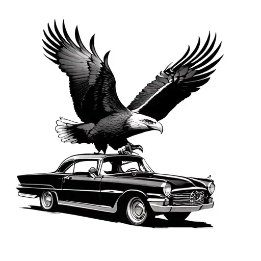 A Tattoo Of A Majestic Eagle Soaring Over A Classic Car