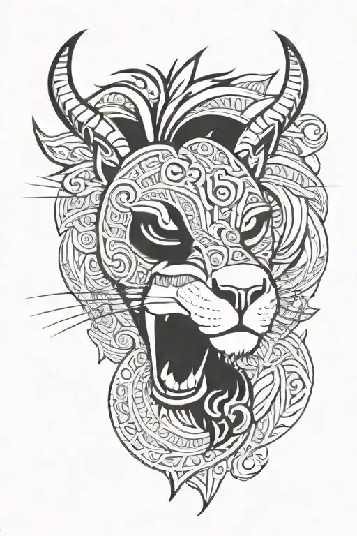 Half Lion And Half Goat Face In A Polynesian And Tribal Design For My Triceps