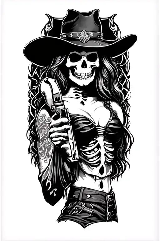 Wild West Skeleton Gunslinger With A Sexy Girl