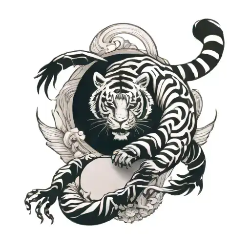 A Yin And Yang Symbol With A Tiger And Crab Balancing Each Other Out