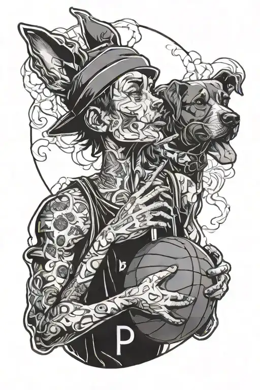 Popay Smoking Cigarette Holding A Basketball And A Dog