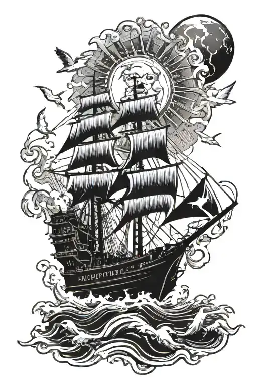 Lion Head With Ship Sailing Through Stormy Seas With Doves Flying Into The Sun