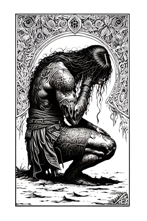 Tired Warrior Kneeling Longing For Death