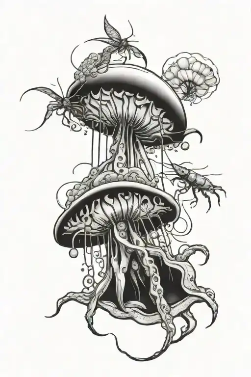 Mantis Ray And Jelly Fish Half Sleeve Tattoo Featuring