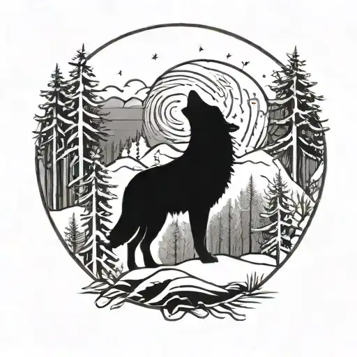 A Howling Wolf Silhouetted Against A Full Moon In A Winter Forest Setting