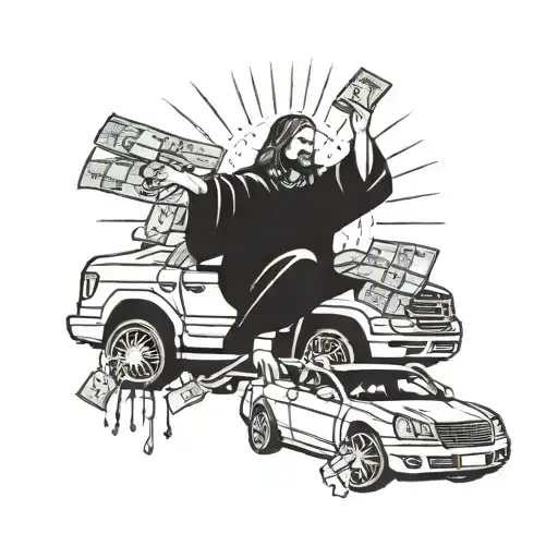 A Tattoo Of Jesus Lifting A Car With Money Falling From The Sky