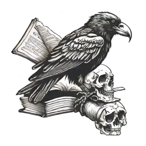 A Tattoo Design Of A Crow With A Book And A Skull