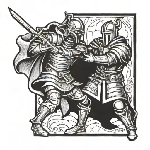 A Tattoo Design Of A Medieval Warrior Fighting Against A Demon