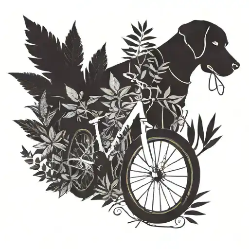 A Minimalist Linework Tattoo Of A Bike And Dog Silhouette Intertwined With Weed Leaves