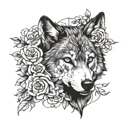Wolf With An Eye Symbol With Flowers