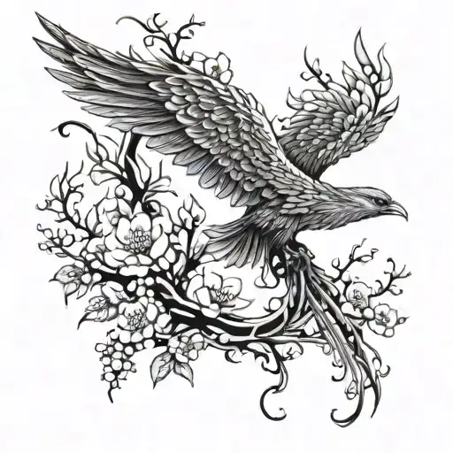 A Phoenix Rising From The Ashes With A Background Of Cherry Blossoms