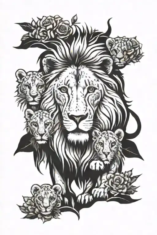 Lion Familiy With 4 Children Surrounded