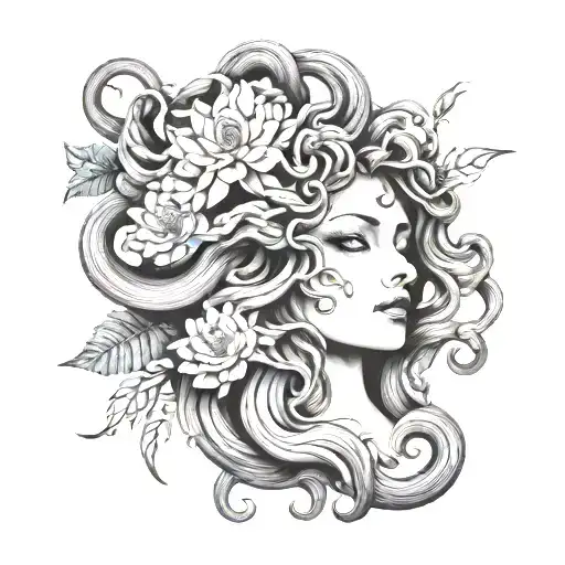 Realistic Medusa With Folwers In Black And Grey