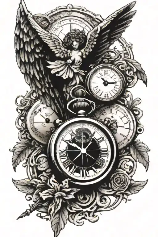 Cross And Angel Wings And Stop Watch