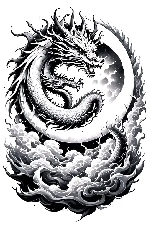 Dragon Surrounding A Moon With Ice Clouds