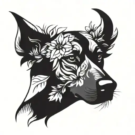 Angry Kangal-german Shepherd Mix Dog With Floral Elements Intertwined In Blackwork Style