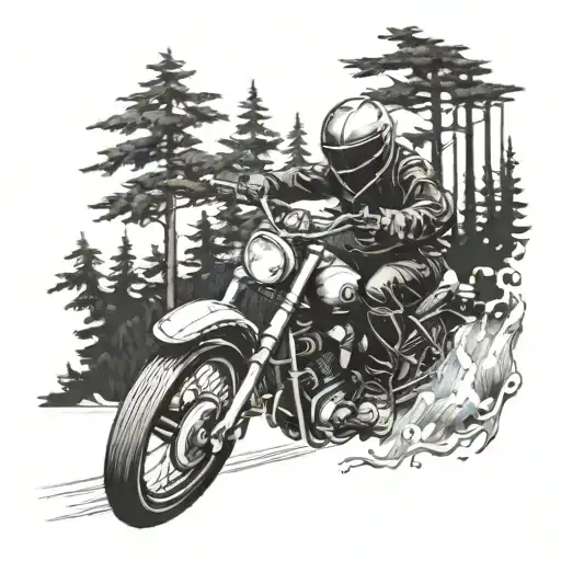 A Detailed Blackwork Design Of A Motorcycle Speeding Through A Forest
