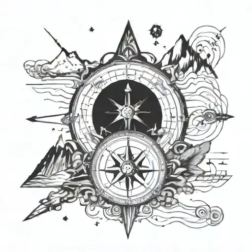 A Compass Rose Made Up Of Musical Instruments And Mountain Peaks