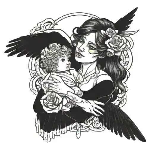 Retrato De Familiar Falkecido Que Tenga Alas De Angel Y Rosas