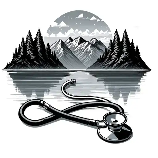 A Stylized Stethoscope Intertwined With Mountain Peaks And Lake Reflections